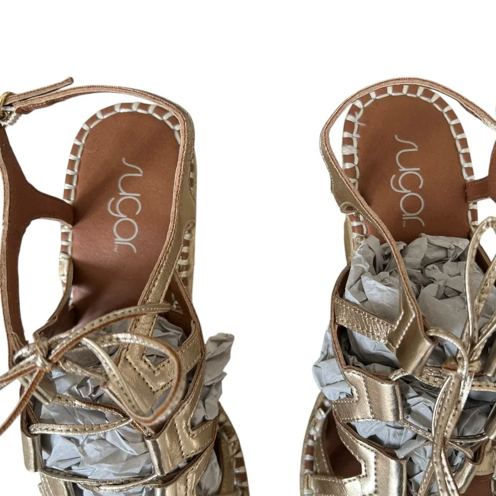Sugar Hunnies Metallic Gold Strappy‎ Espadrille Wedge Sandals Womens 10M